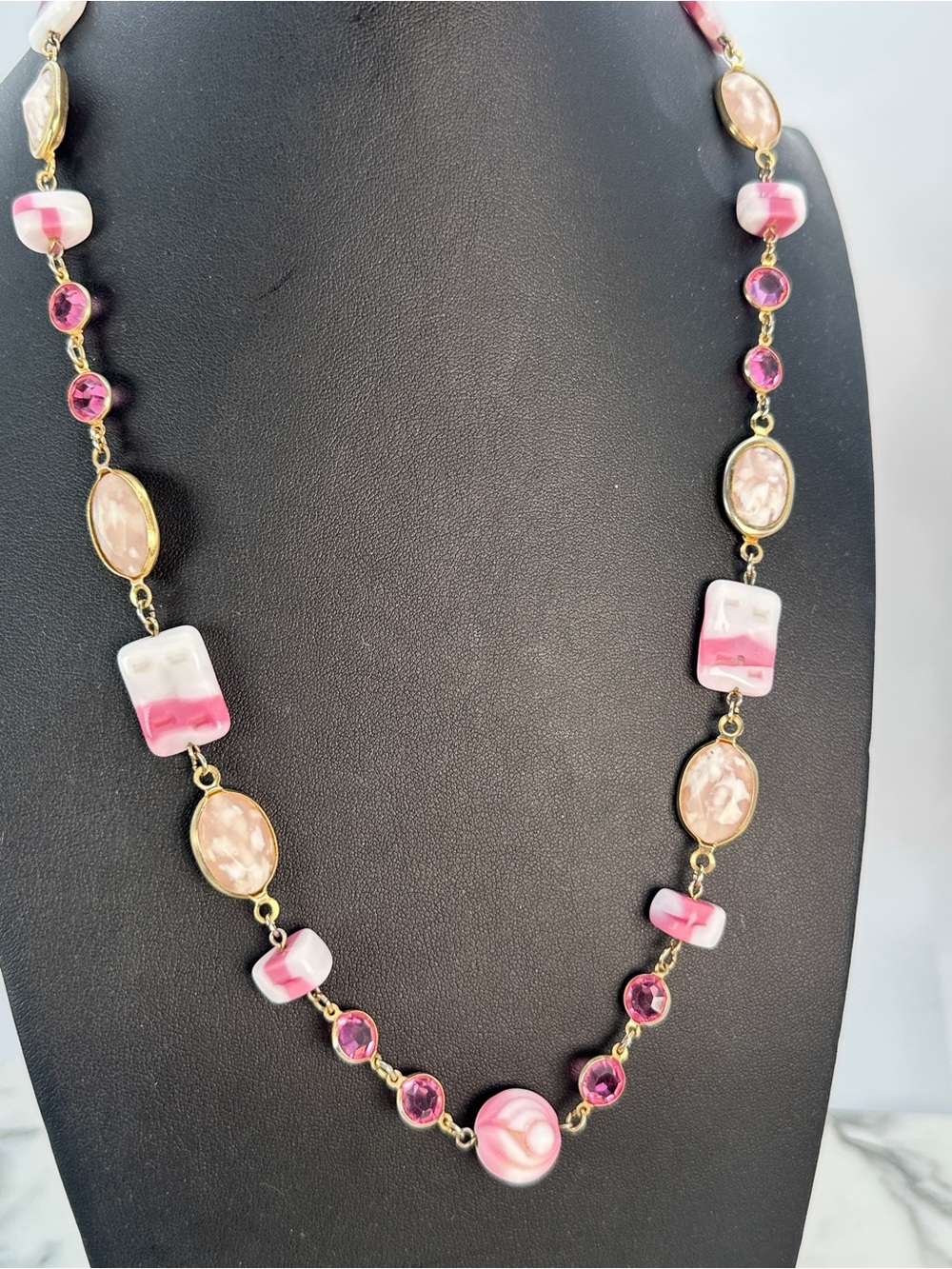 Vintage Pink White Striped Molded Candy Bead Necklace Bezel Faceted Crystal 60s